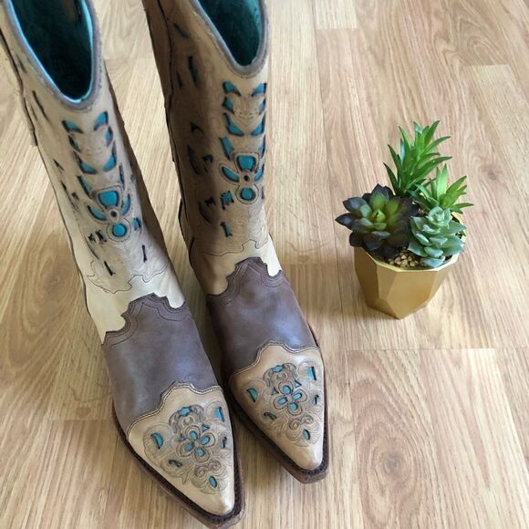 CORRAL VINTAGE Brown/Turquoise Laser Tool Leather C1620 - Picture 2 of 16